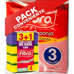 FIBRO - Pack Esponjas 4 Un + Paño Esponja 3 Un Fibro