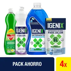 IGENIX - Pack Limpieza Detergente 3 Lt + 500 ml + Cloro Gel 900 ml + Lavaloza 750 ml
