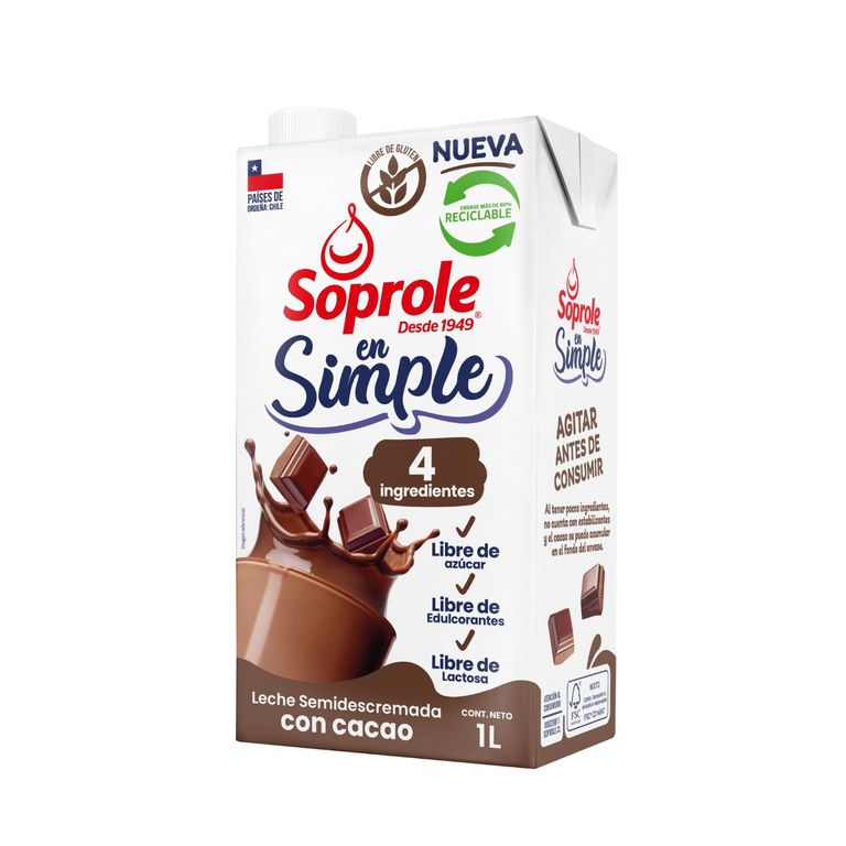 Leche Semidescremada Chocolate 4 Ingredientes Soprole 1 lt